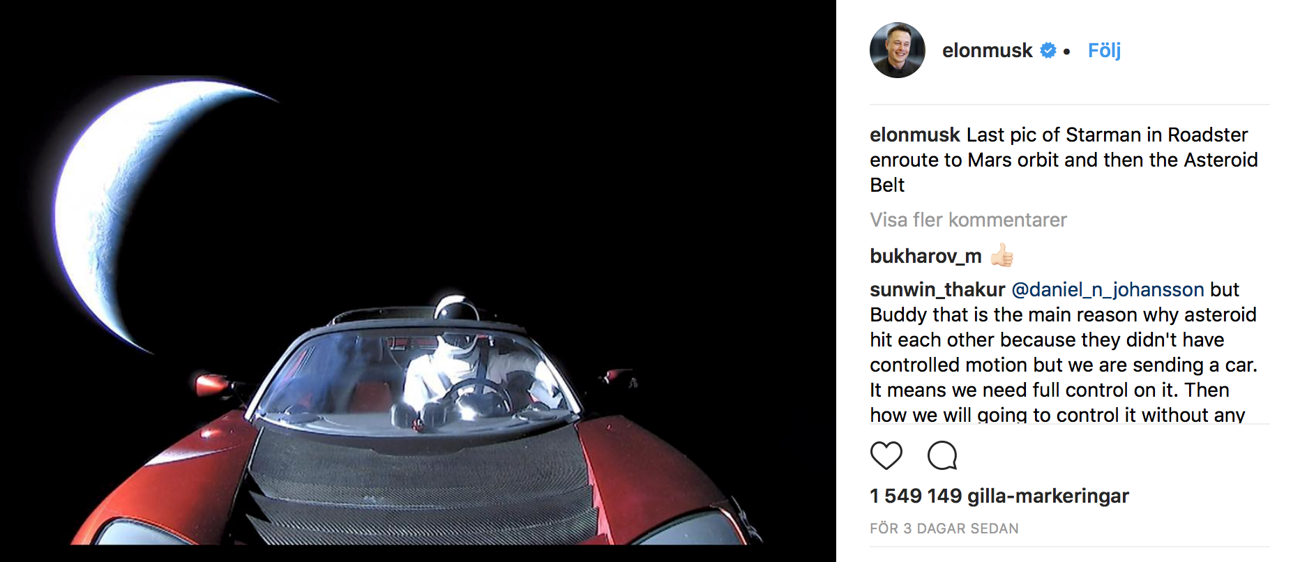 Last pic of Starman in Roadster enroute to Mars orbit and then the Asteroid Belt - Elon Musk